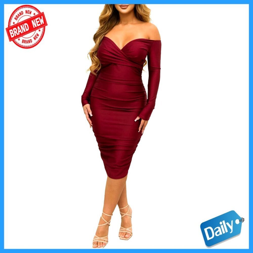 Sexy Deep V Neck Off Shoulder Ruched Bodycon Midi Dress Long Sleeve Evening